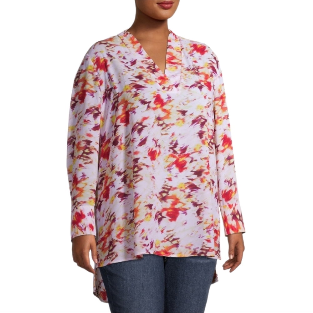 Terra & Sky Long Abstract Water Color Tunic Button Front Shirt LS 2X